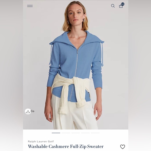 New Women’s Small Ralph Lauren Golf Blue Washable 100% Cashmere Full-Zip Sweater